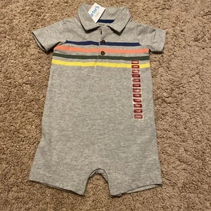 New Carter’s striped Polo Romper Boys 18m 18 Months Gray Baby Clothes Summer - Picture 1 of 9