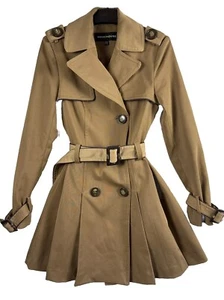 Warehouse Camel Trench Coat UK 12 Belted Flared Skirt Style Pleated Hem Lined - Picture 1 of 18