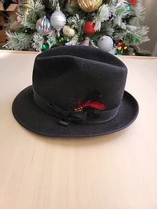 John B. Stetson Black Hat Sz 7  1.8 Nwt Terrell Style Feather Wool - Picture 1 of 8