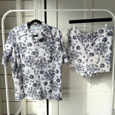 De Colección Años 60 Jantzen Kona Kai Blanco Azul Algodón Hawaiano Cabaña Camisa Pantalones Cortos Conjunto L Foto 1 de 4