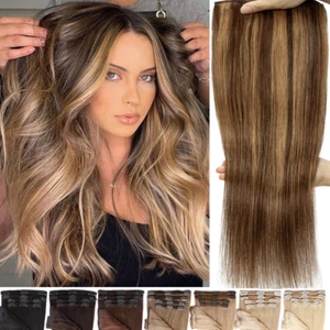 170G+ REAL THICK Double Weft Full Head Clip In Human Hair Extensions Balayage 18 - Picture 1 of 56