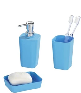 Bad Accessoires Zubehör 3 tlg. Set blau, Seifen Schale + Spender Zahnputzbecher - Bild 1 von 4