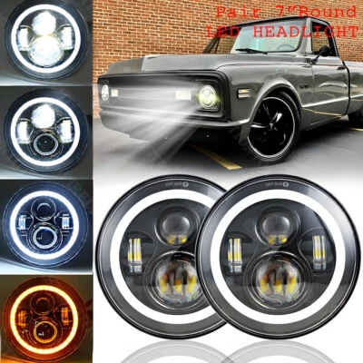 Pair 7" Round LED Headlights Ring DRL For Chevy C10 C20 Pickup LUV Camaro Nova - Image 1 of 4