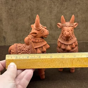 2 Red Clay Statues of Horses/Goats from India Kathakali Style Terra Cotta 4"x6" - Picture 1 of 19