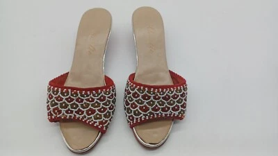 复古 50-60 年代红色和白色串珠凉鞋 Charlie Style 尺码 39 女式。 C1934 打印机成套工具 — 第 1/4 张图片