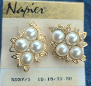 Napier Earrings White Faux Pearl Gold Rhinestone Pierced - Picture 1 of 4