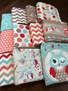 Adornit Fabric Nested Owls- ADORNit Girls-lot of 10 Coral/Teal Owl 1 Yard Bundle - Picture 1 of 18