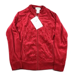 The Quacker Factory Sweatshirt Womens Small Red Velour Full Zip Embellished NWT - Picture 1 of 8