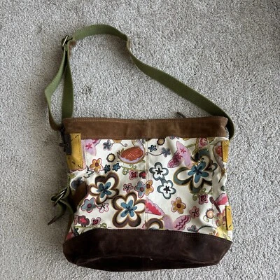 Lucky Brand Bucket Shoulder Bag Crossbody Canvas Suede Birds Floral Boho XL - Image 1 of 4