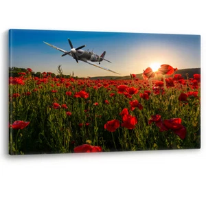 Spitfire over Poppy Field Sunset Poppies Remembrance RAF Canvas Picture Print - Picture 1 of 5