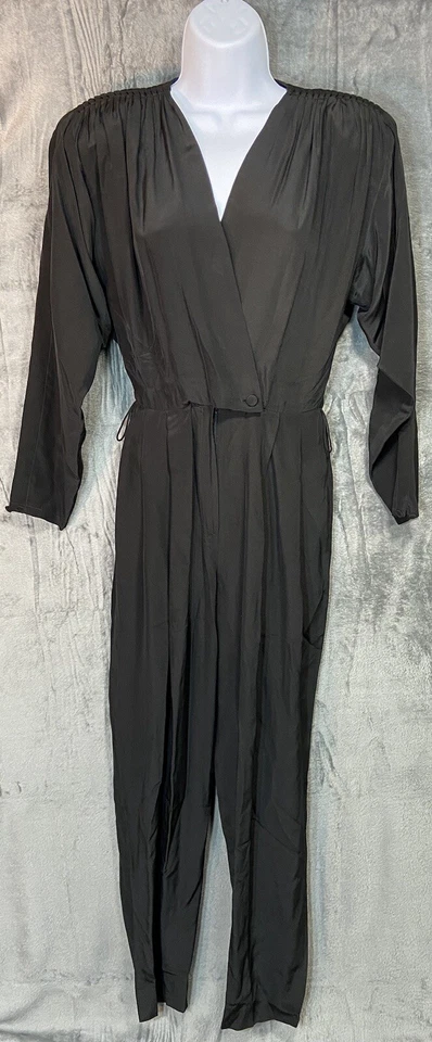 Vintage 80s Balla Valentina 100% Silk Black Wrap Front Jumpsuit Whimsigoth Sz 4 - Image 1 of 4