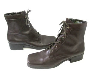 Nicole Lace up Side zip brown leather square toe 5.5" ankle boots nice 7.5M B23 - Picture 1 of 8