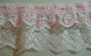 pink & white gathered lace, pink ribbon on upper edge 3" wide (3.5 yds.) - Bild 1 von 7