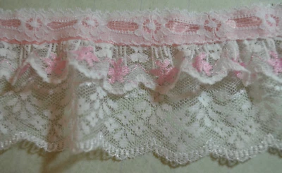 pink & white gathered lace,  pink ribbon on upper edge 3" wide (3.5 yds.) - Image 1 of 4