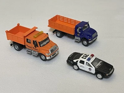 Boley International Road Dept Dump Truck And Stake Truck Lot Kinsmart Police Car - Image 1 of 4