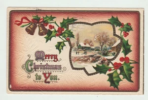 Merry Christmas to You Vintage Winter Scene Holly Embossed 1912 Postcard P20 - Imagen 1 de 2