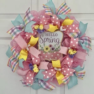 SPRING RIBBON WREATH HELLO SPRING SIGN PASTEL COLOR RIBBONS AND FLOWERS - Picture 1 of 1
