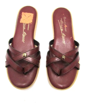Sandalias planas vintage Etienne Aigner BORGOÑA CUERO TIRAS TANGA CHANCLAS 8M Foto 1 de 4
