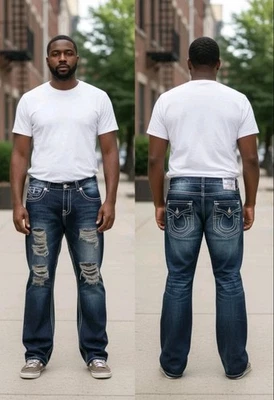 Pantalones de mezclilla True Religion rectos talla 38 desgastados punto grueso azul 33 entrepierna Foto 1 de 4