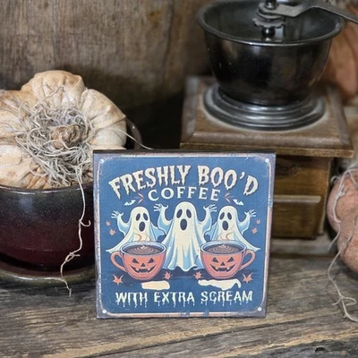 Halloween Coffee Bar Wooden Sign: Rustic Farmhouse Ghost Decor 5x5 - Image 1 of 4