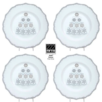 222 Fifth AMELIE - PLATINUM 8.75" Salad Plate Set 4Pc Snowflake Tree Christmas - Image 1 of 4
