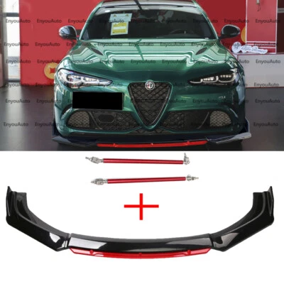 For Alfa Romeo Giulia Front Bumper Lip Spoiler Splitter + Strut Rods Black Red Foto 1 de 4
