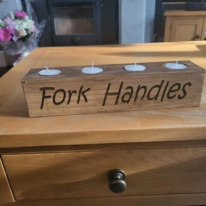 Four Candles , fork Handles , wooden Tea Light Holder ,classic Comedy Sketch - Picture 1 of 7