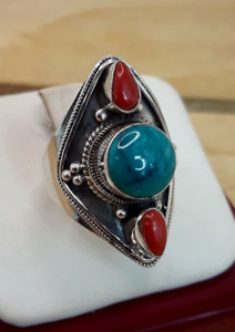 Artisan Made Bali Design Turquoise / Coral Sterling Silver Ring Sz. 9.25 Adj.