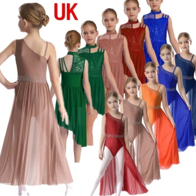 UK Girl's Sparkly Lyrical Costume Asymmetrical Ballet Leotard Modern Dancewear - Image 1 of 4