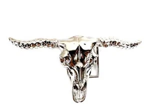 Western Texas Vaquero Cuerno Largo Toro Cabeza de Vaca Metal Plateado Hombres Hebilla de Cinturón - Imagen 1 de 1