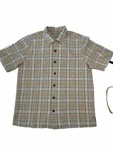 Tommy Bahama100% Silk Short Sleeve Button Shirt Men's M Tan/light green Plaid - Picture 1 of 7