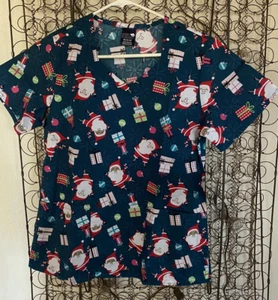 Women's Christmas Holiday Medical Nursing Scrub Tops XS teal blue Santa nwt - Picture 1 of 6