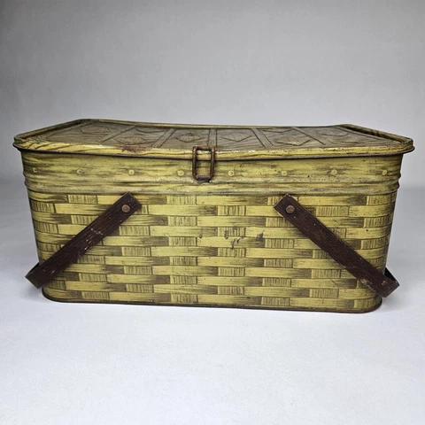Vintage 1950s Metal Tin Picnic Basket Green Woven Pattern Wood Handles Embossed Cover