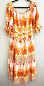 Figueroa & Flower Woven Boho Peasant Maxi Dress Floral Coral Orange L Large NEW - Picture 1 of 6