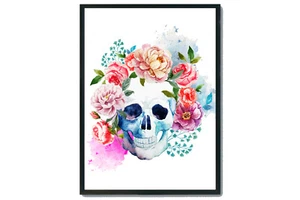 Sugar skull watercolour print, Sugar skull with flowers wall print, home decor - Picture 1 of 2