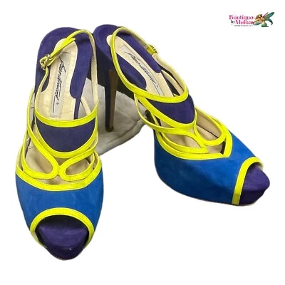 Brian Atwood 蓝色麂皮绒鞋 Colorblock 露跟高跟鞋 意大利 美国 6 码 女式 — 第 1/4 张图片