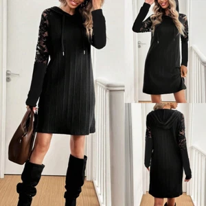 Women Knit Lace Long Sleeve Hooded Midi Dress Jumper Ladies Casual A-Line Dress - Picture 1 of 16