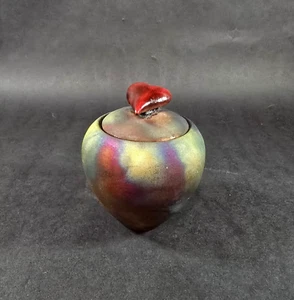 Raku Pottery Heart Jar Signed Christiane 4.5 inch Tall USA Made MN - Picture 1 of 10