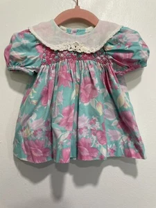 Vintage Polly Flinders Baby Girl Dress Floral Pink Blue Embroidered Smocked 6 Mo - Picture 1 of 8