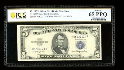 DBR $5 1953 Silver STAR Gem Fr. 1655* PCGS-B 65 PPQ Serial *06233124A - Image 1 of 2