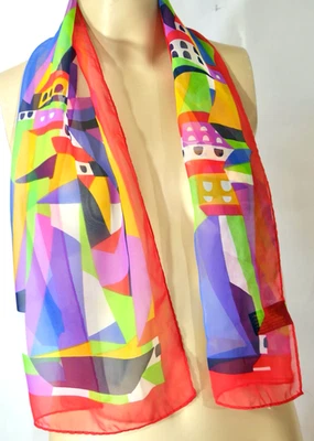 Vintage Long Polyester Scarf Sheer Mod Art House On Hills Japan 60s 70s - Image 1 of 4