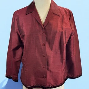 Ann Taylor Shantung SILK Maroon Sequin Velvet Trim Blouse Jacket Shirt sz 10 - Picture 1 of 6