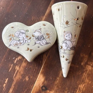 Bjorn Wiinblad Green Gray Ceramic Ornament Set Heart Cone Gold Details - Picture 1 of 12