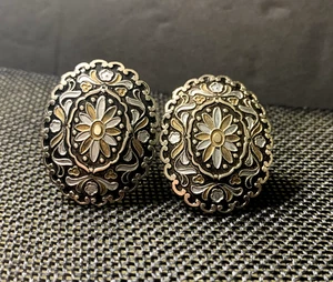 Vtg Earrings N Germany Costume Silver Black Gold Tone Floral Oval Clip On - Picture 1 of 13