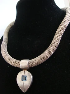 Vintage massiver 925 Sterling Silber Mesh Halsband blauer Stein Anhänger Halskette 59gr - Bild 1 von 9