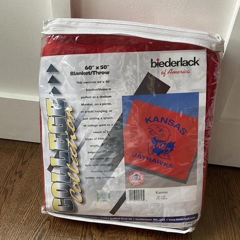 New VTG Biederlack Kansas Jayhawks NCAA Throw Blanket Wall Art Reversable Red Cover