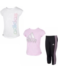 Adidas Little Girl’s 3 Piece Active Clothing Set, 2 Short Sleeve Shirts, 1 Capri - Picture 1 of 5