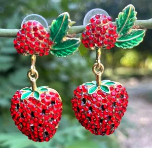 Red Rhinestone STRAWBERRY Fruit Green Enamel Leaf Betsey Johnson Dangle Earrings - Picture 1 of 14