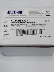 EATON C25CNB130T DEFINITE PURPOSE CONTACTOR 1 POLE W/ SHUNT 24VAC COIL - Picture 1 of 7