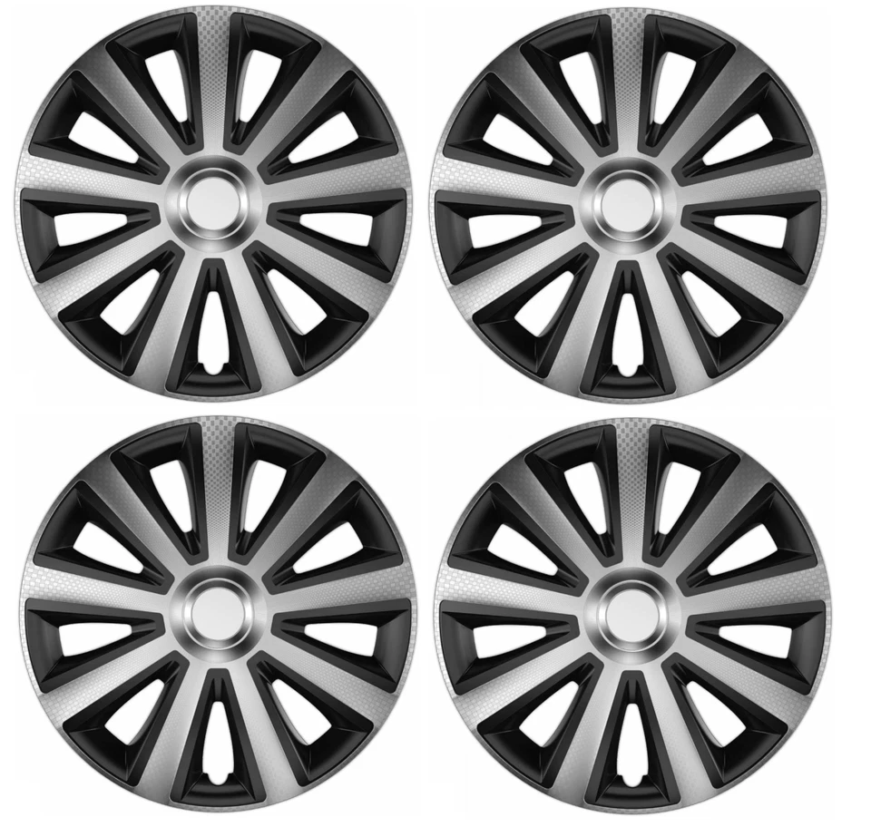 SKODA CITIGO WHEEL TRIM HUB CAP PLASTIC COVERS SET 4 SILVER CARBON 14" 14 INCH - Image 1 of 1